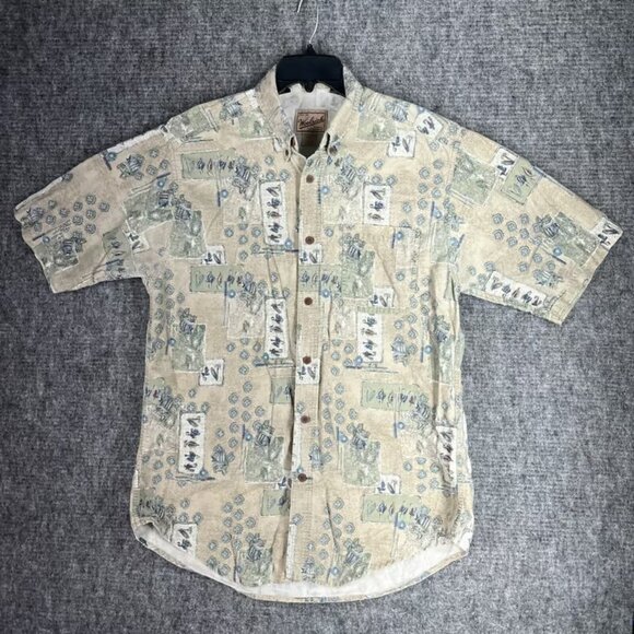 Woolrich Shirt Mens Large Fishing Lures Reels Vintage Button-Up Short-Sleeve - Picture 1 of 7